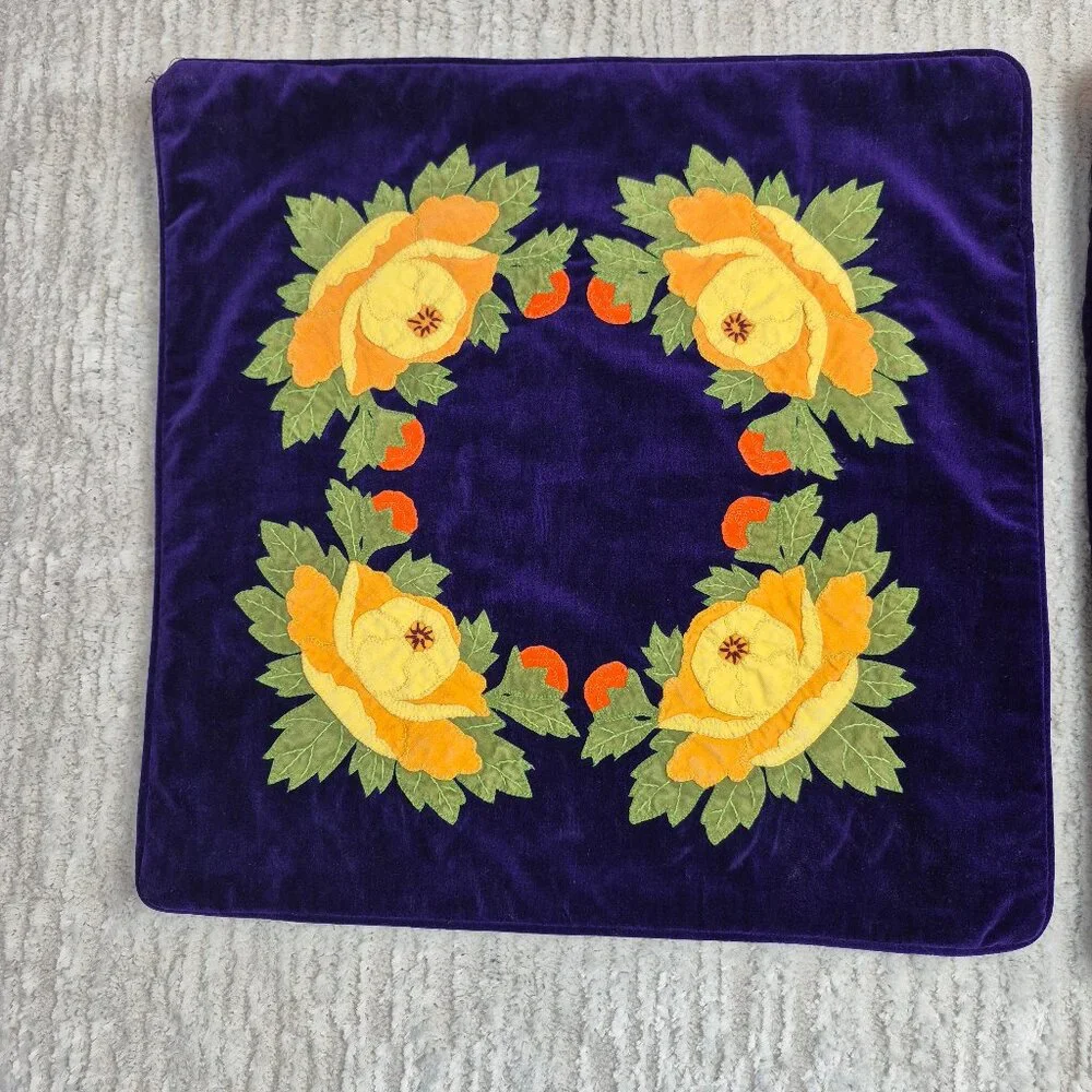 Vintage Applique Embroidered Throw Pillow Covers Deep Purple  Set of 2